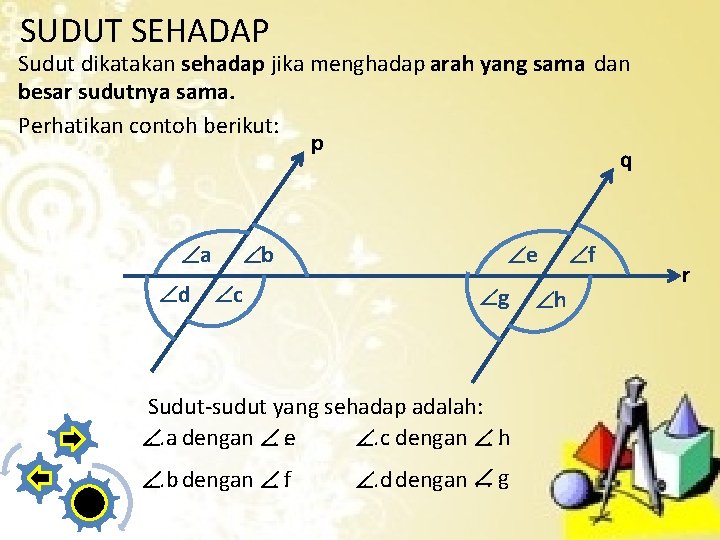 SUDUT SEHADAP Sudut dikatakan sehadap jika menghadap arah yang sama dan besar sudutnya sama.