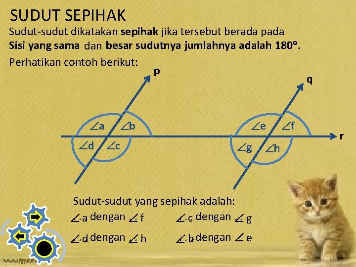 SUDUT SEPIHAK Sudut-sudut dikatakan sepihak jika tersebut berada pada Sisi yang sama dan besar