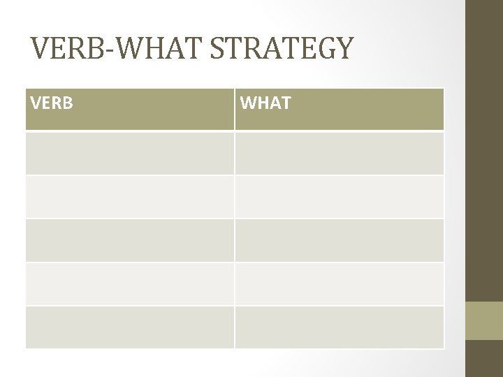VERB-WHAT STRATEGY VERB WHAT VERB-WHAT STRATEGY VERB WHAT