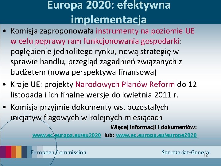 Europa 2020: efektywna implementacja • Komisja zaproponowała instrumenty na poziomie UE w celu poprawy