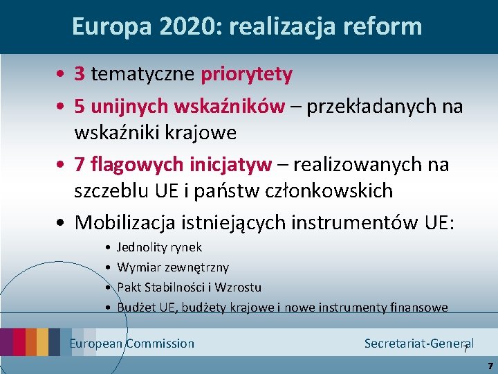 Europa 2020: realizacja reform • 3 tematyczne priorytety • 5 unijnych wskaźników – przekładanych