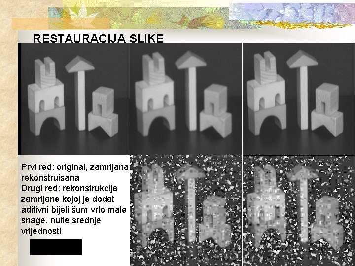 RESTAURACIJA SLIKE Prvi red: original, zamrljana, rekonstruisana Drugi red: rekonstrukcija zamrljane kojoj je dodat