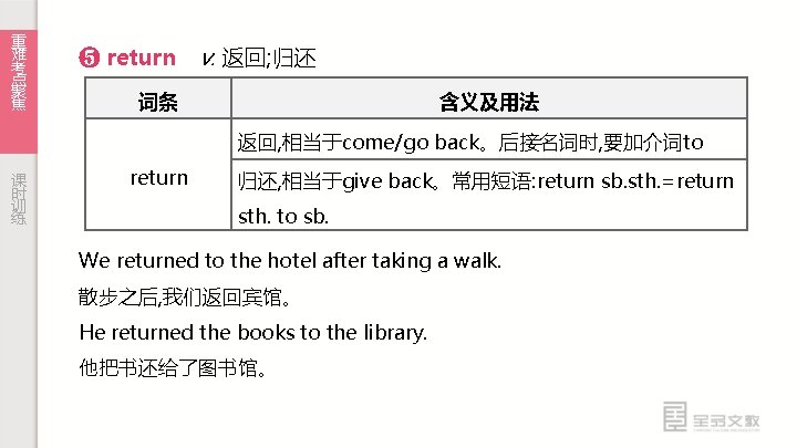 重 难 考 点 聚 焦 ❺ return v. 返回; 归还 词条 含义及用法 返回,