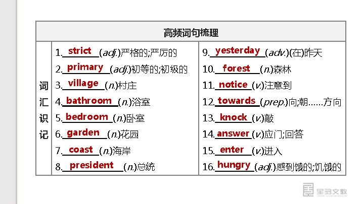 高频词句梳理 1. strict (adj. )严格的; 严厉的 9. yesterday (adv. )(在)昨天 2. primary (adj. )初等的;