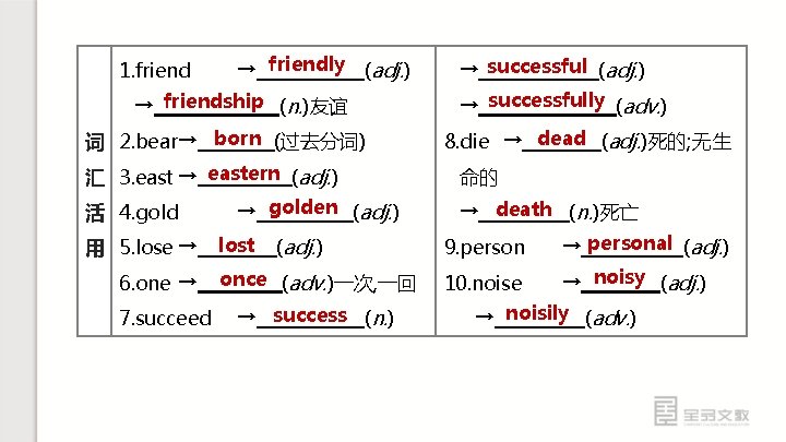 1. friend → friendly (adj. ) → friendship (n. )友谊 词 2. bear→ born