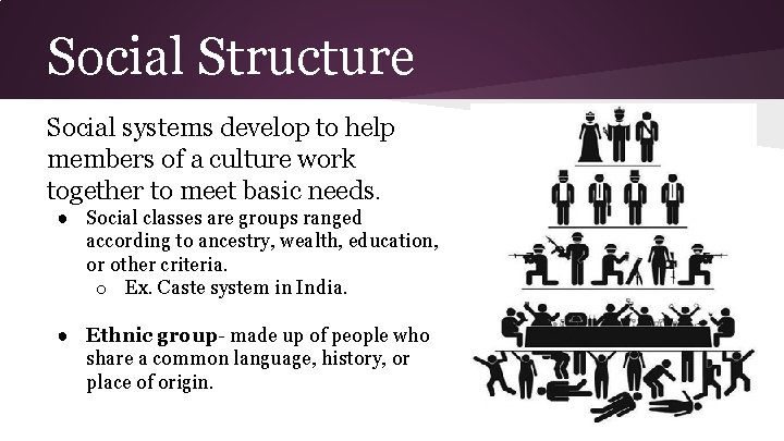 Social Structure Social systems develop to help members of a culture work together to