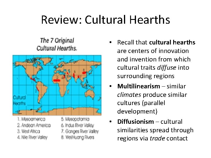 Review: Cultural Hearths • Recall that cultural hearths are centers of innovation and invention