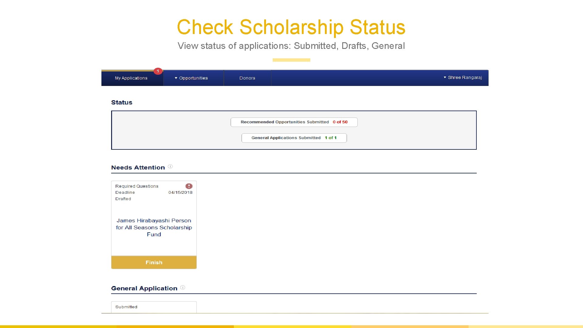 Check Scholarship Status View status of applications: Submitted, Drafts, General 