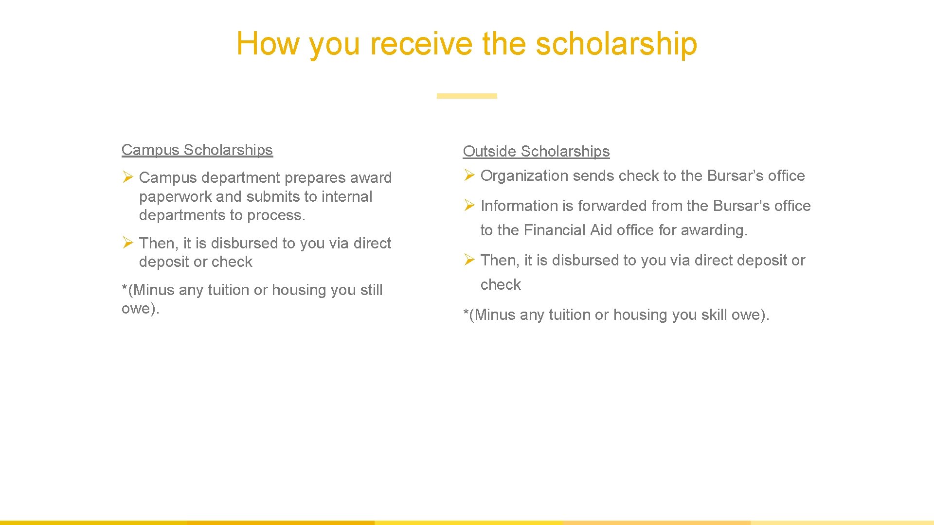 How you receive the scholarship Campus Scholarships Outside Scholarships Ø Campus department prepares award