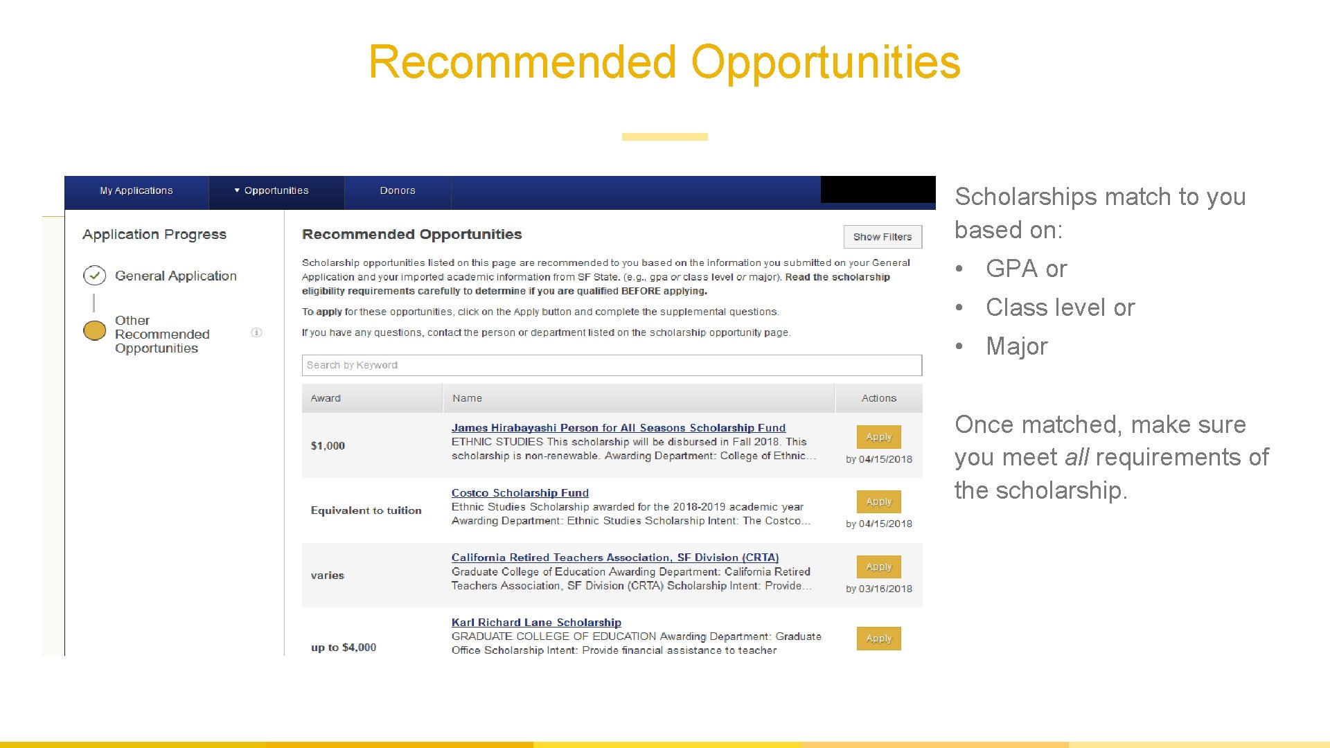 Recommended Opportunities Scholarships match to you based on: • GPA or • Class level