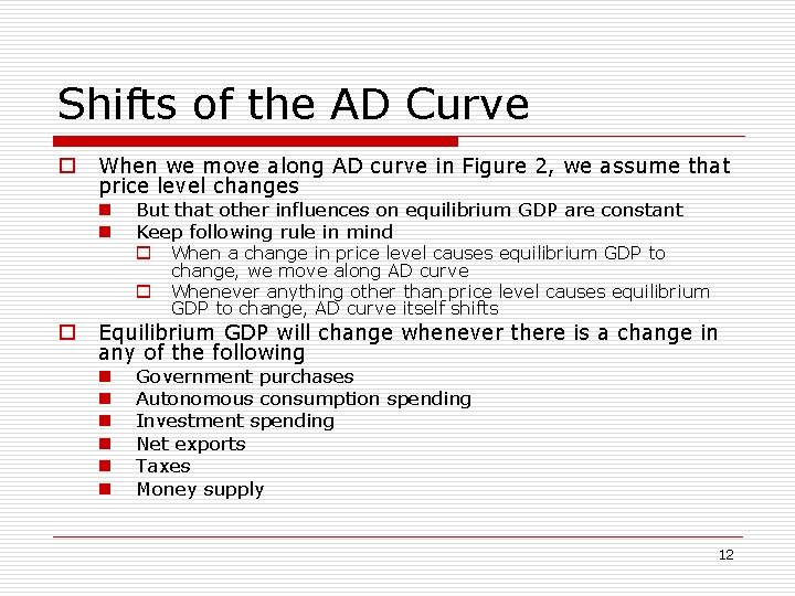 Shifts of the AD Curve o When we move along AD curve in Figure