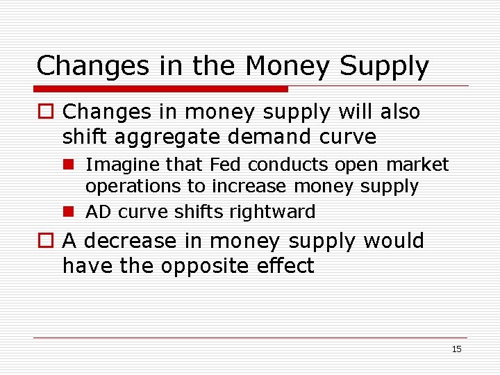Changes in the Money Supply o Changes in money supply will also shift aggregate