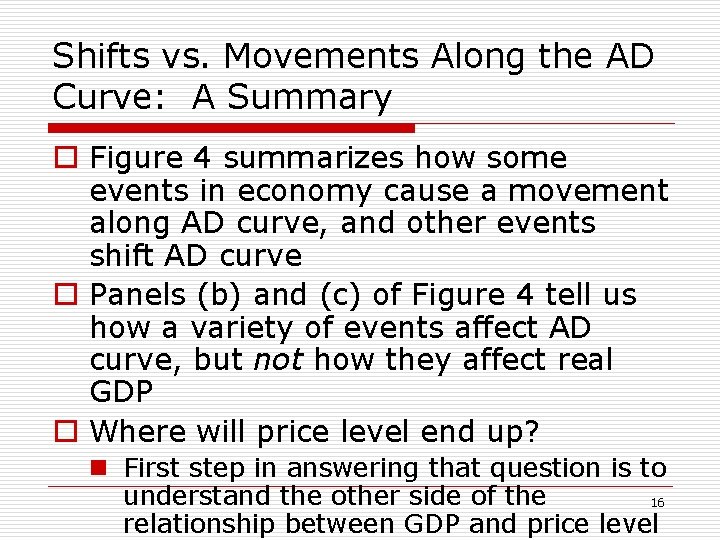 Shifts vs. Movements Along the AD Curve: A Summary o Figure 4 summarizes how