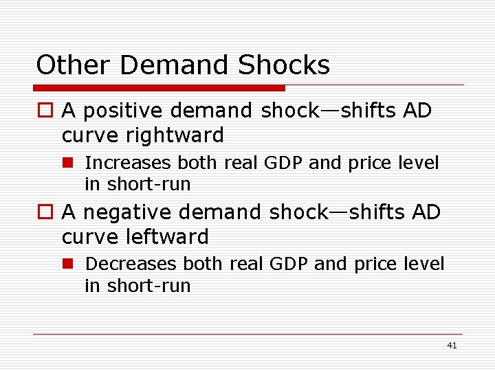 Other Demand Shocks o A positive demand shock—shifts AD curve rightward n Increases both