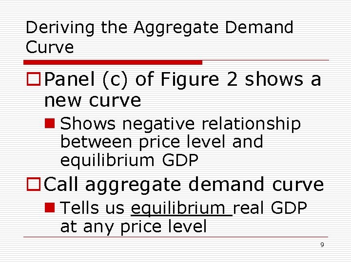 Deriving the Aggregate Demand Curve o Panel (c) of Figure 2 shows a new