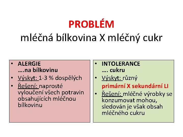 PROBLÉM mléčná bílkovina X mléčný cukr • ALERGIE …. na bílkovinu • Výskyt: 1