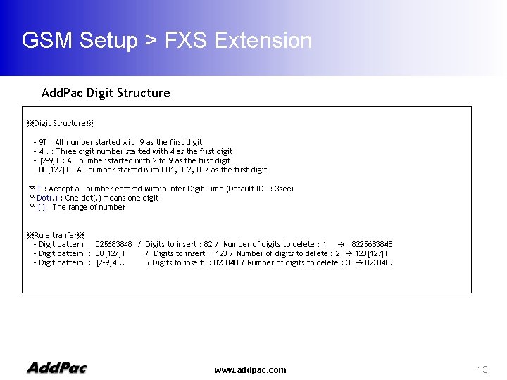 GSM Setup > FXS Extension Add. Pac Digit Structure ※Digit Structure※ - 9 T