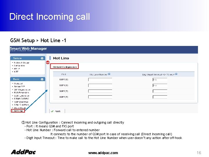 Direct Incoming call GSM Setup > Hot Line -1 ① ① Hot Line Configuration