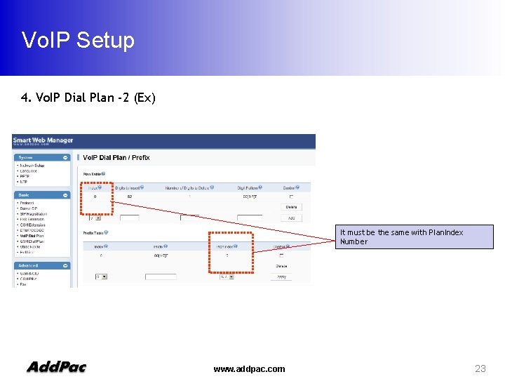 Vo. IP Setup 4. Vo. IP Dial Plan -2 (Ex) It must be the