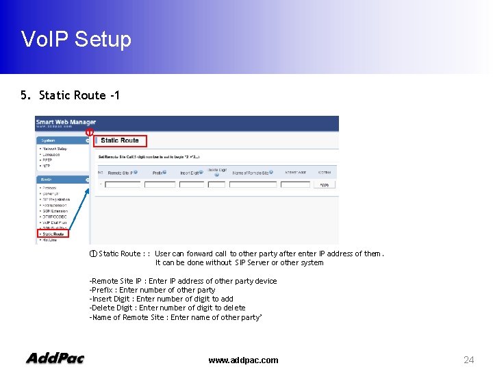 Vo. IP Setup 5. Static Route -1 ① ① Static Route : : User