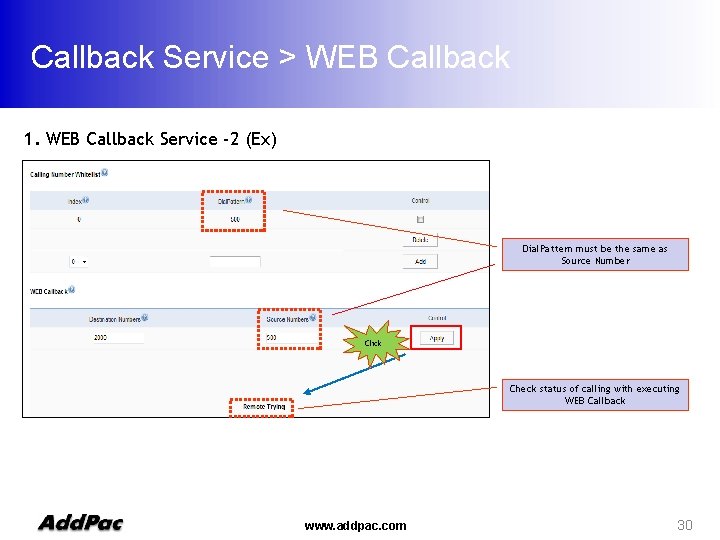 Callback Service > WEB Callback 1. WEB Callback Service -2 (Ex) Dial. Pattern must