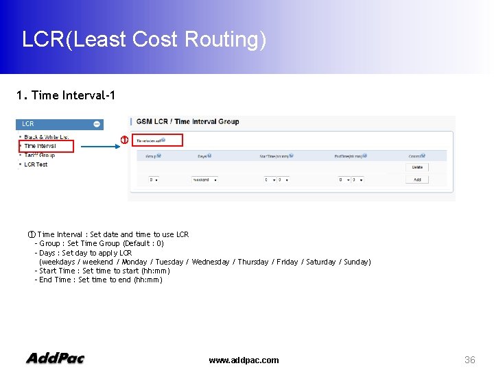 LCR(Least Cost Routing) 1. Time Interval-1 ① ① Time Interval : Set date and