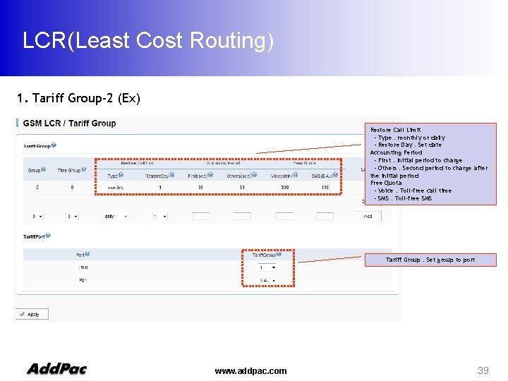 LCR(Least Cost Routing) 1. Tariff Group-2 (Ex) Restore Call Limit - Type : monthly