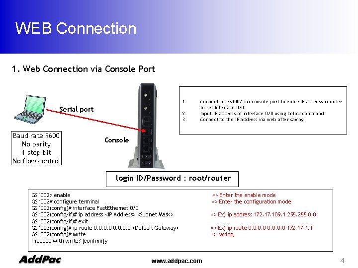 WEB Connection 1. Web Connection via Console Port 1. Serial port Baud rate 9600