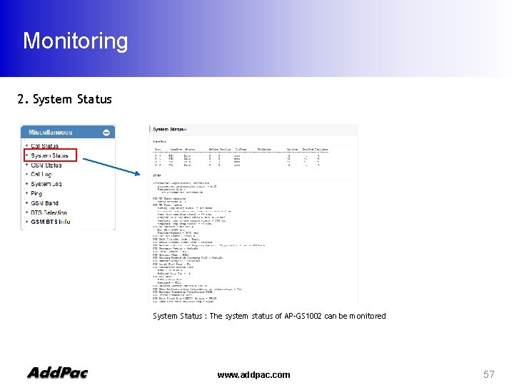 Monitoring 2. System Status : The system status of AP-GS 1002 can be monitored