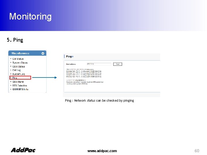 Monitoring 5. Ping : Network status can be checked by pinging www. addpac. com