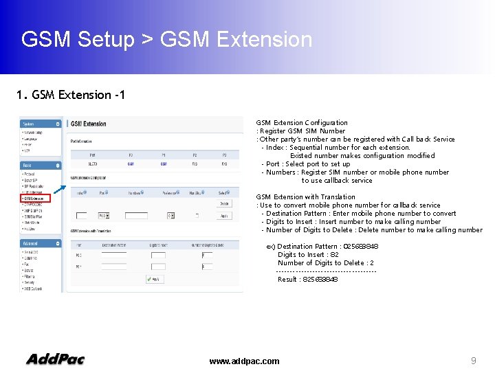 GSM Setup > GSM Extension 1. GSM Extension -1 GSM Extension Configuration : Register