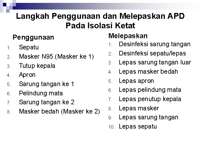 Langkah Penggunaan dan Melepaskan APD Pada Isolasi Ketat Penggunaan 1. 2. 3. 4. 5.