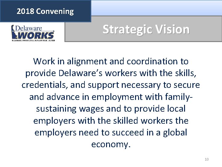 2018 Convening Strategic Vision Work in alignment and coordination to provide Delaware’s workers with