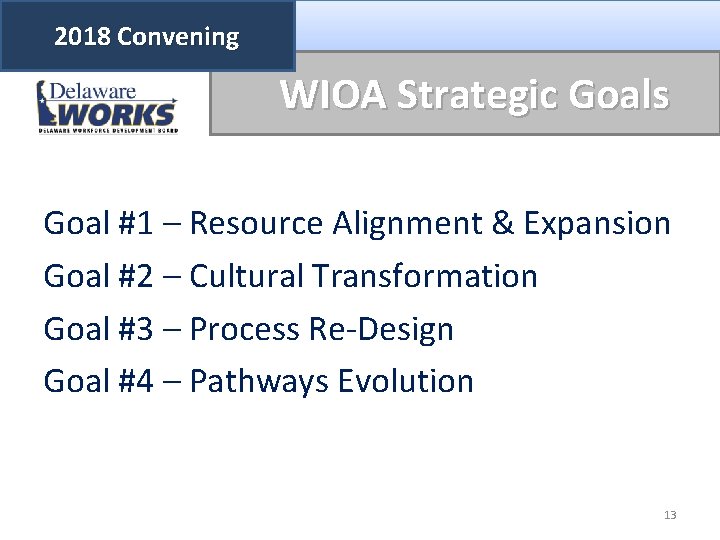 2018 Convening WIOA Strategic Goals Goal #1 – Resource Alignment & Expansion Goal #2