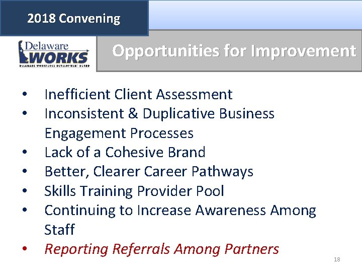 2018 Convening Opportunities for Improvement • • Inefficient Client Assessment Inconsistent & Duplicative Business