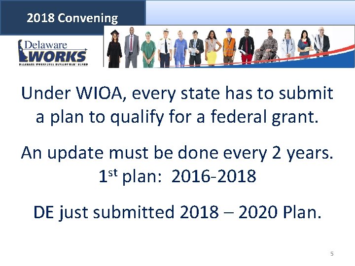 2018 Convening Under WIOA, every state has to submit a plan to qualify for
