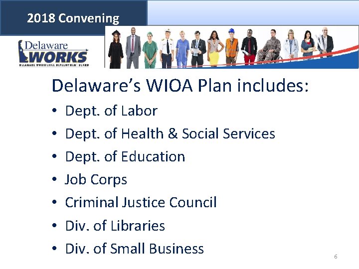 2018 Convening Delaware’s WIOA Plan includes: • • Dept. of Labor Dept. of Health