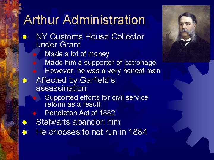 Arthur Administration ® NY Customs House Collector under Grant ® ® Affected by Garfield’s