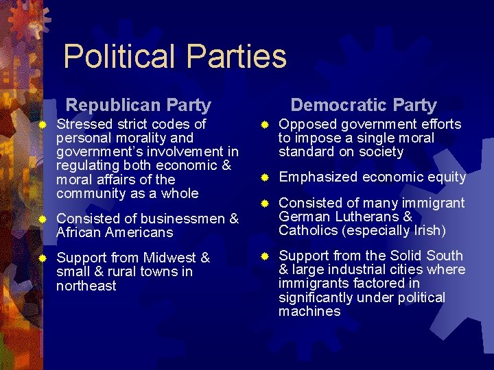 Political Parties Republican Party ® Stressed strict codes of personal morality and government’s involvement