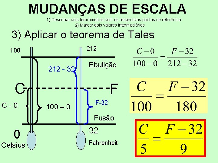 MUDANÇAS DE ESCALA 1) Desenhar dois termômetros com os respectivos pontos de referência 2)