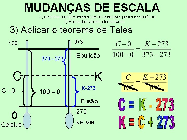 MUDANÇAS DE ESCALA 1) Desenhar dois termômetros com os respectivos pontos de referência 2)