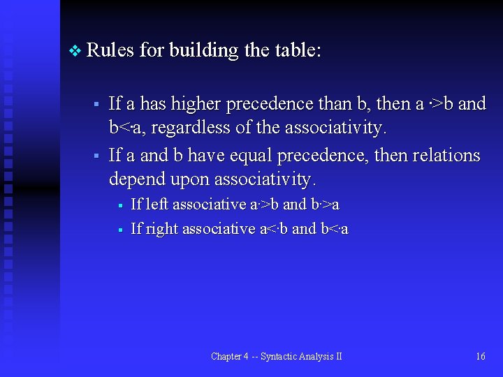 v Rules for building the table: § § If a has higher precedence than