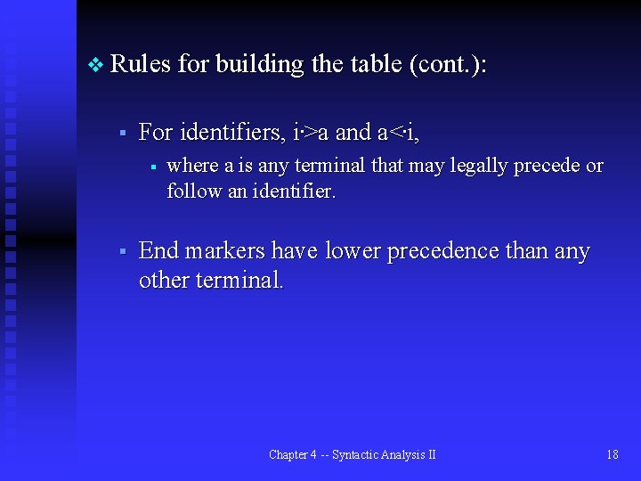 v Rules for building the table (cont. ): § For identifiers, i. >a and