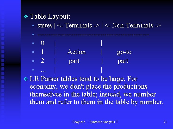 v Table Layout: § § § states | <- Terminals -> | <- Non-Terminals