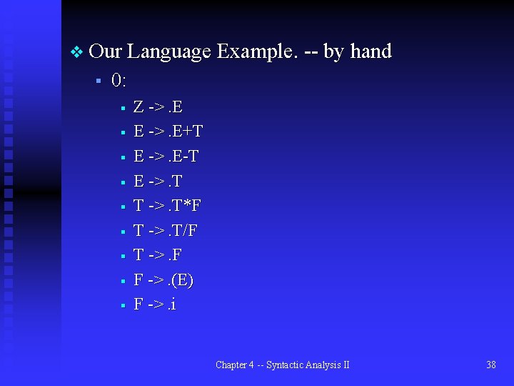 v Our Language Example. -- by hand § 0: § § § § §