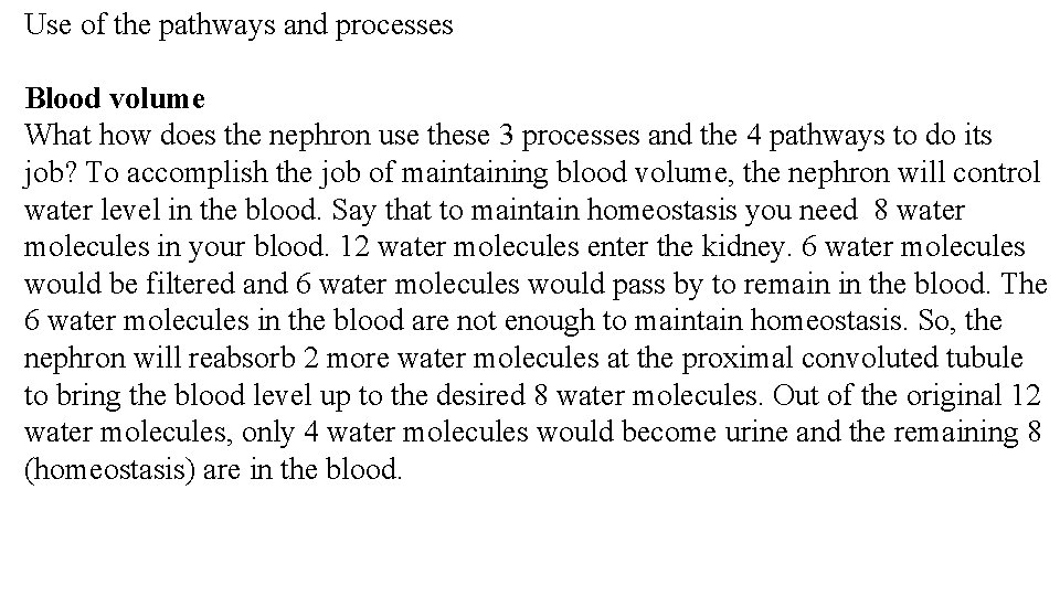 Use of the pathways and processes Blood volume What how does the nephron use