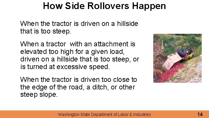 How Side Rollovers Happen When the tractor is driven on a hillside that is