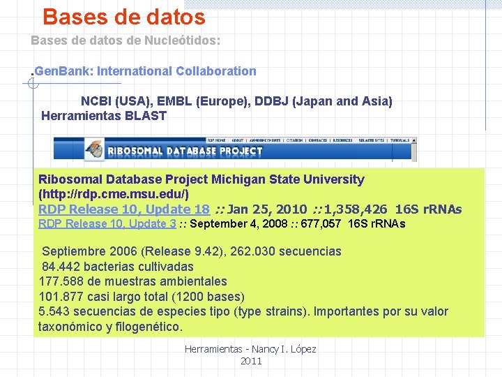 Bases de datos de Nucleótidos: . Gen. Bank: International Collaboration NCBI (USA), EMBL (Europe),