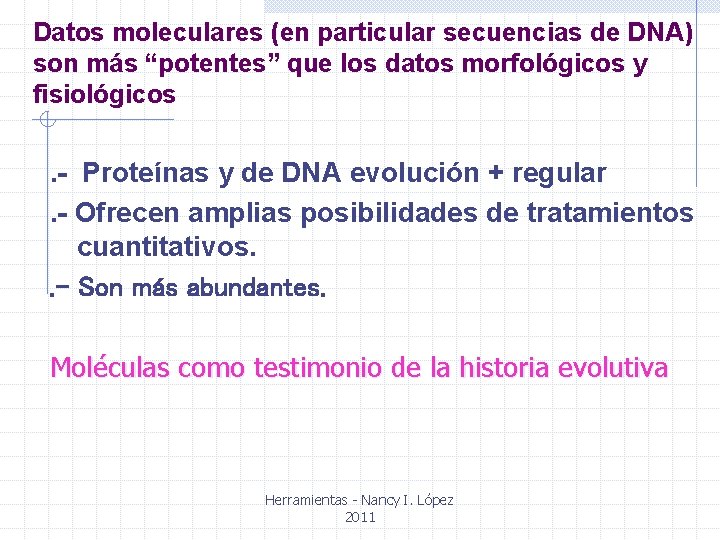 Datos moleculares (en particular secuencias de DNA) son más “potentes” que los datos morfológicos