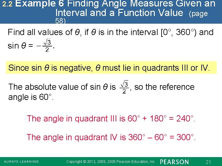 2. 2 Example 6 Finding Angle Measures Given an Interval and a Function Value